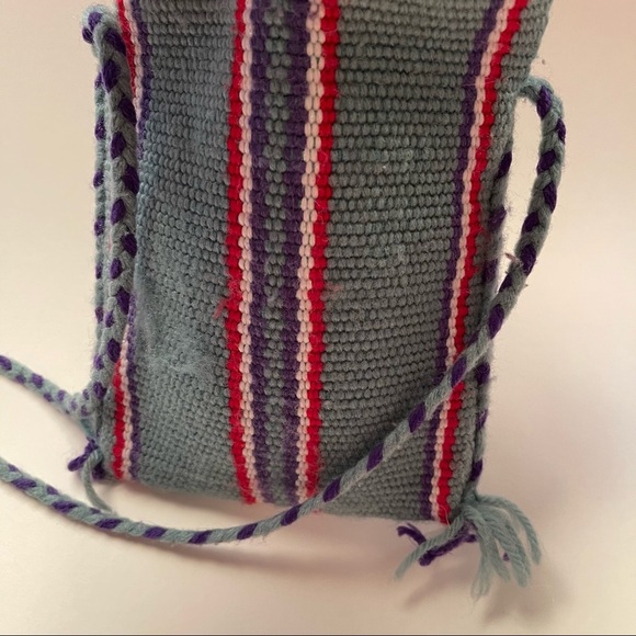 Colombian handmade wayuu striped blue woven knit Crossbody flap fringe bag 6x7” - Picture 7 of 12